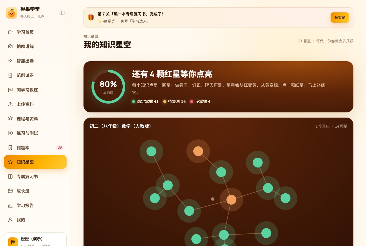 知识星图：稳定掌握、待复测、没掌握的知识点